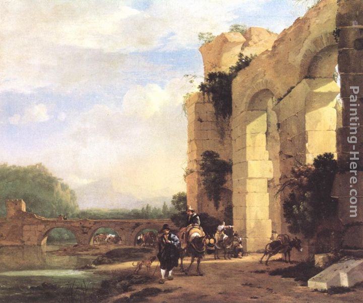 Jan Asselyn Italian Landscape with the Ruins of a Roman Bridge and Aqueduct